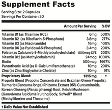 Load image into Gallery viewer, Pure Focus contains proprietary blend of 1315mg including propolis, turmeric, Korean ginseng, reishi mushroom, and SoWell blend with methyliberine and theacrine.
