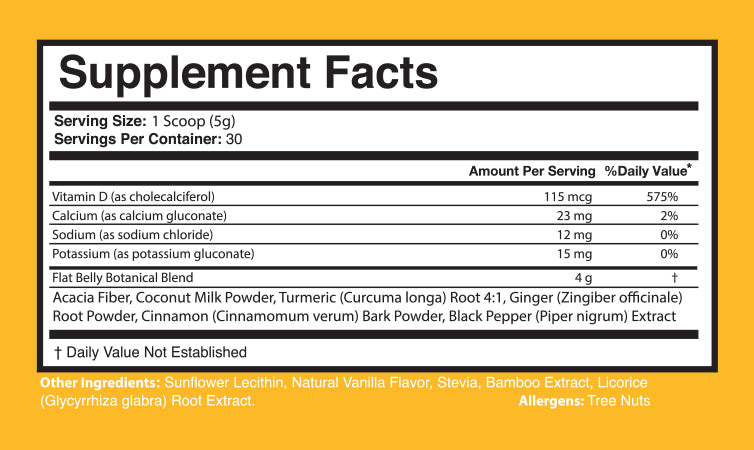 FBT Flat Belly supplement facts - 30 servings with turmeric root extract, ginger, cinnamon bark powder, black pepper extract, and coconut milk powder
