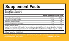 Load image into Gallery viewer, FBT Flat Belly supplement facts - 30 servings with turmeric root extract, ginger, cinnamon bark powder, black pepper extract, and coconut milk powder
