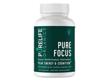 Load image into Gallery viewer, Pure Focus supplement bottle - white container with green label featuring PureLife Organics branding. Focus Performance Motivation supplement for Peak Energy &amp; Cognition
