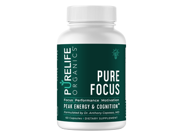 Pure Focus supplement bottle - white container with green label featuring PureLife Organics branding. Focus Performance Motivation supplement for Peak Energy & Cognition