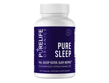 A bottle of Pure Sleep dietary supplement capsules from PureLife Organics.