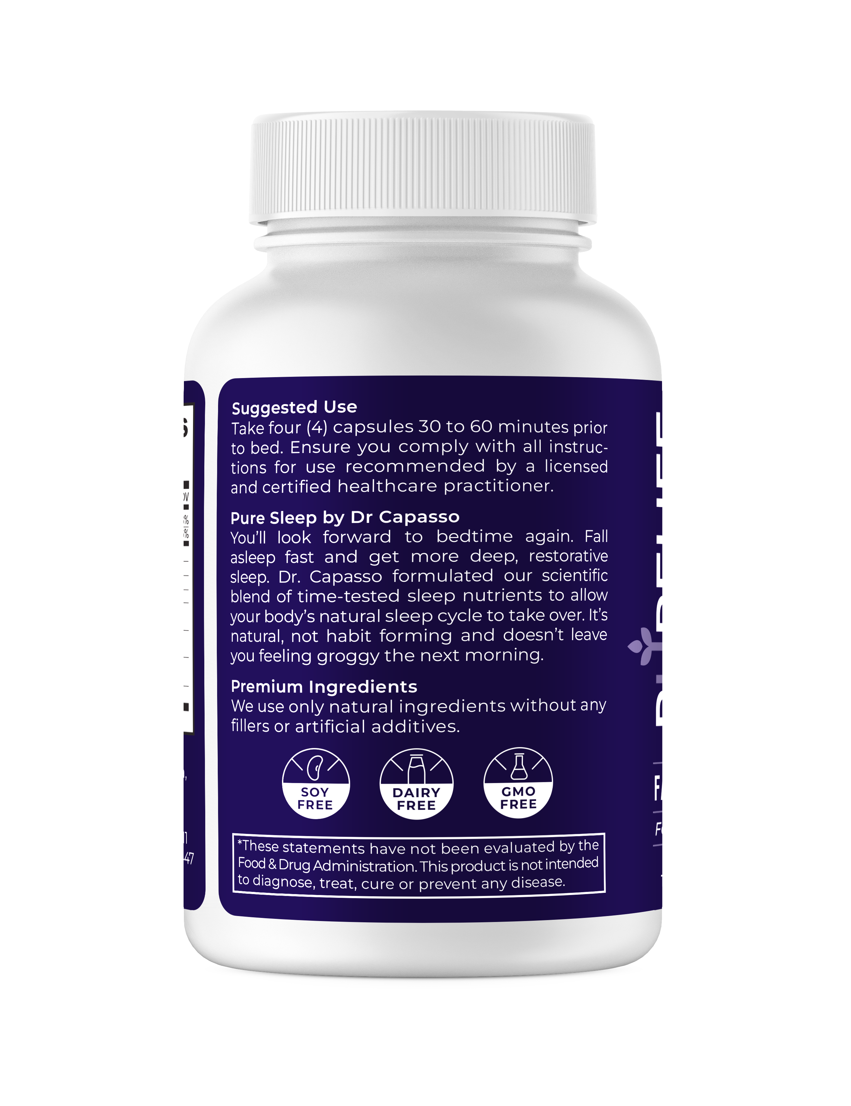 Pure Sleep by Dr. Capasso product information, premium ingredients description, and three certification badges indicating drug-free, habit-free, and GMO-free.