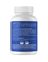 Load image into Gallery viewer, Back of Pure Vision supplement bottle showing suggested use (3 capsules in morning), product description by Dr. Anthony Capasso about mitochondrial health and vision support, premium ingredients statement, GMO-free and GMP certification badges, and FDA disclaimer.
